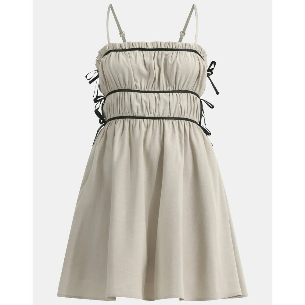 NWT, SZ M (8-10) Smocked Mini Dress w/ Black Ribbon Contrast, Ivory Beige